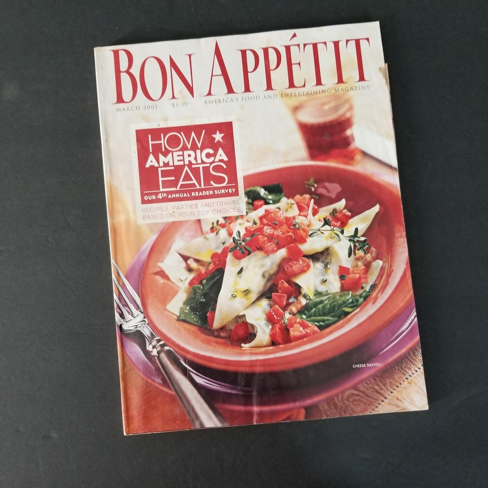 Bon Appetit Magazine March‎ 2001 How America Eats Cheese Ravioli Recipes Vintage